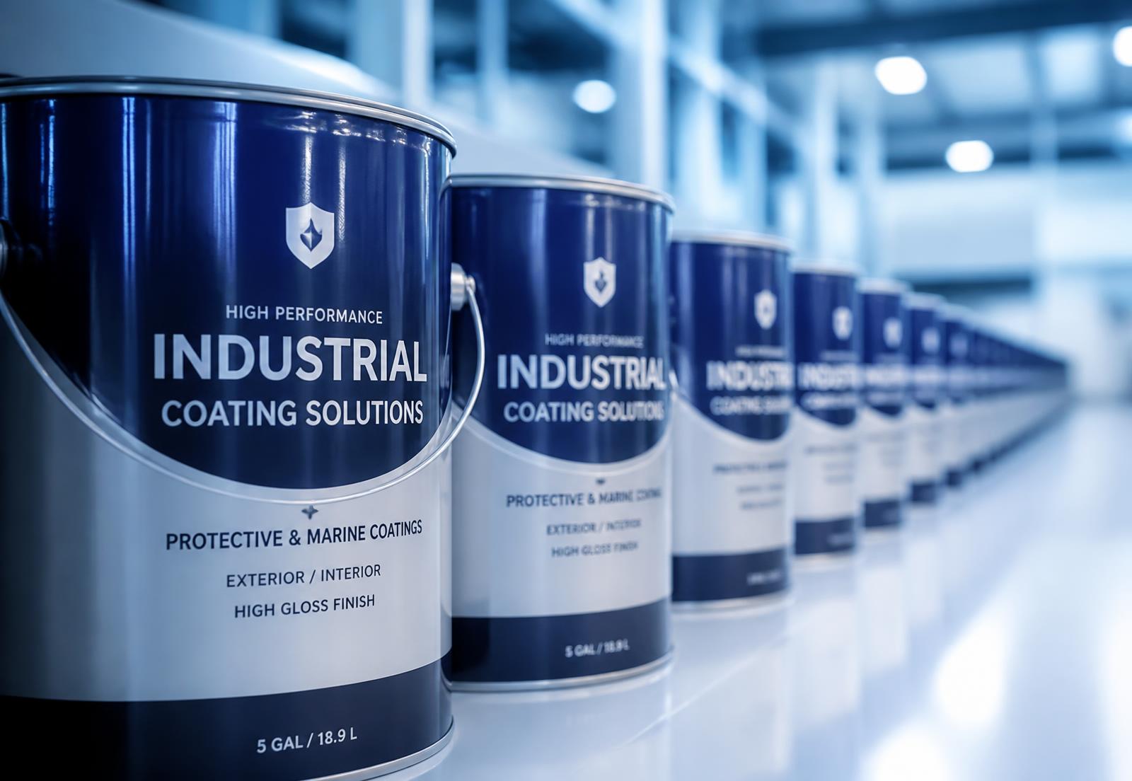 Pots de peinture industrielle alignés dans un entrepôt